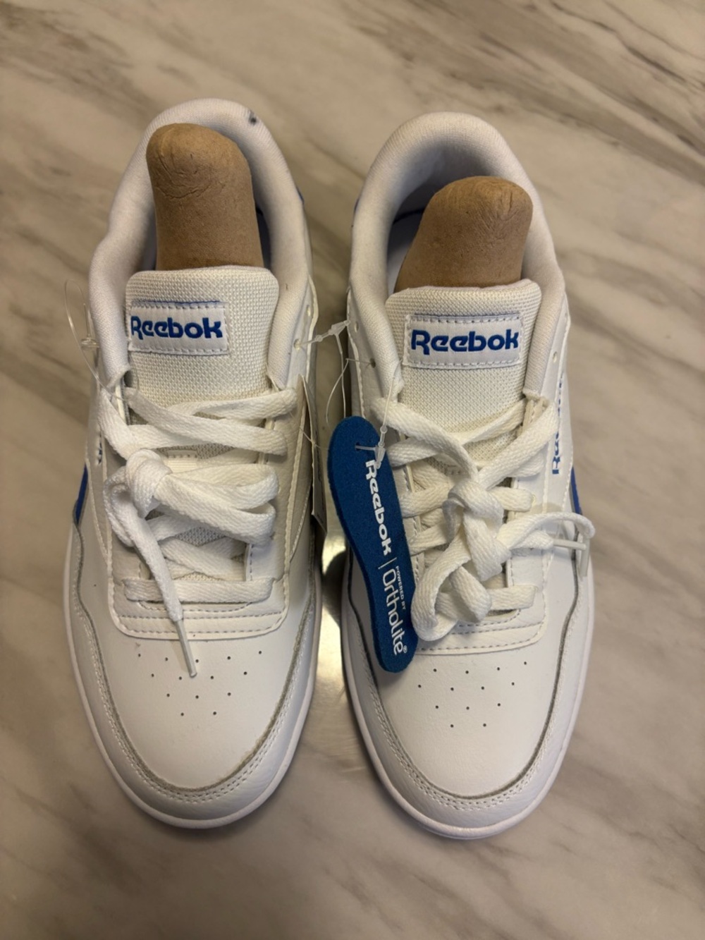 Reebok Men White Leather Sneakers with Blue Logo Accents